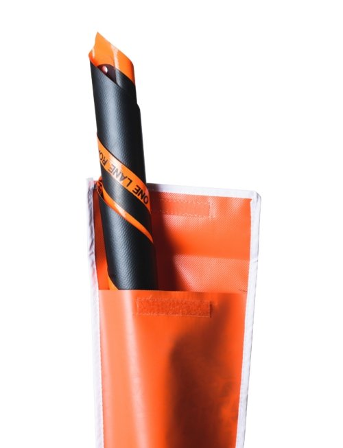 roll up sign, orange, pocket