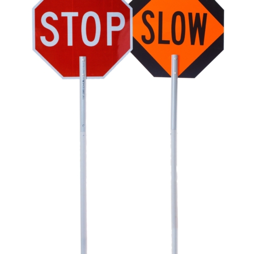 stop sign and slow sign on a staff for traffic flaggers