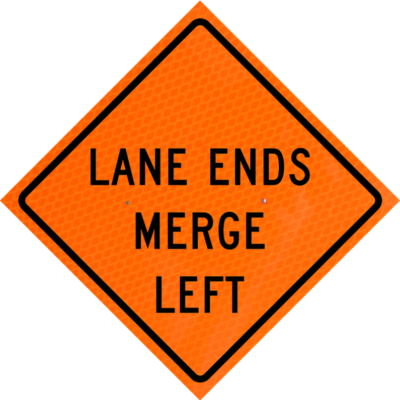 lane ends merge left orange diamond grade roll up