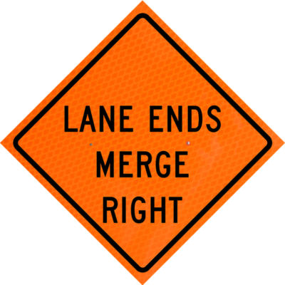 lane ends merge right orange diamond grade roll up
