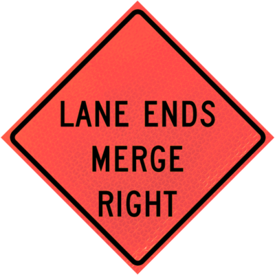 lane ends merge right deep orange diamond roll up