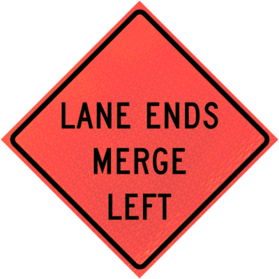 lane ends merge left sign deep orange diamond roll up