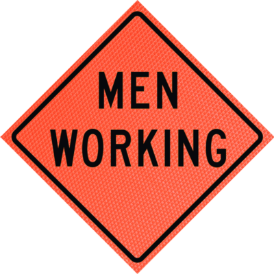 men working words marathon orange roll up sign
