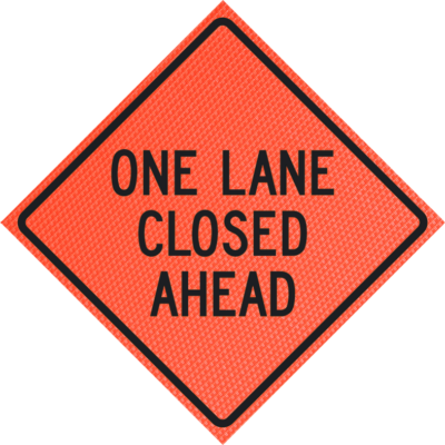 one lane closed ahead marathon orange roll up sign