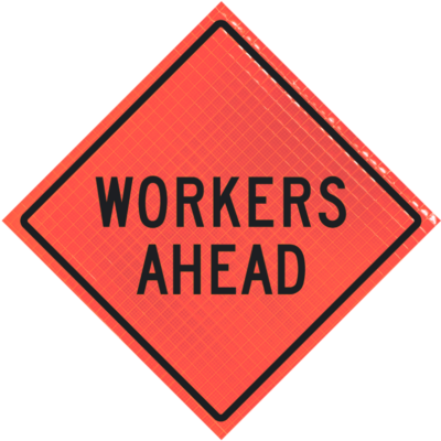 workers ahead orange triangle sign