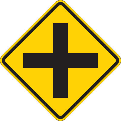 diamond cross road yellow sign