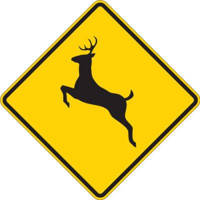 deer crossing yellow diamond sign