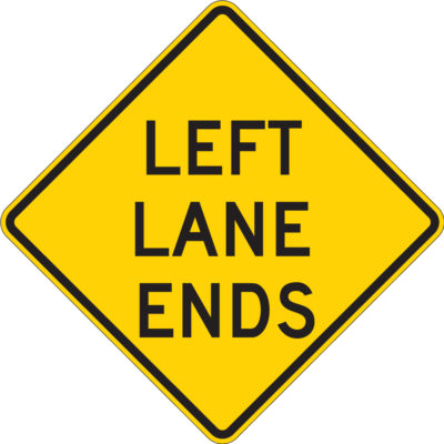 left lane ends diamond yellow sign
