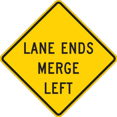 lane ends merge left yellow diamond sign