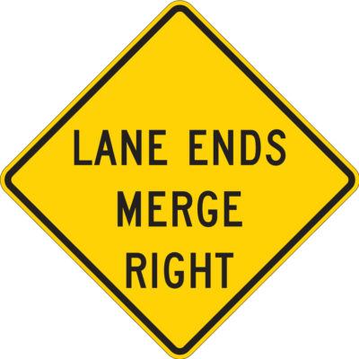 lane ends merge right diamond yellow sign