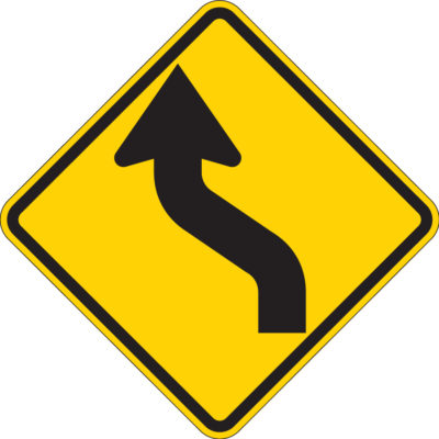 reverse curve yellow two lane diamond sign