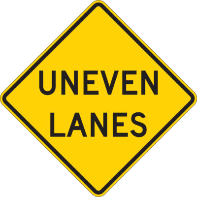 uneven lanes sign yellow and black diamond