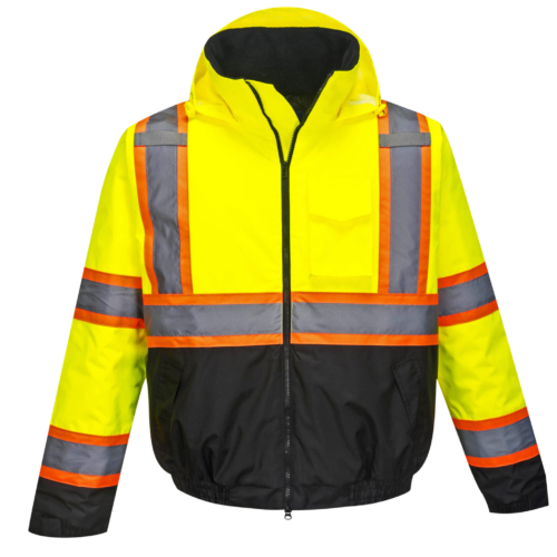 yellow orange black reflective coat front hood down