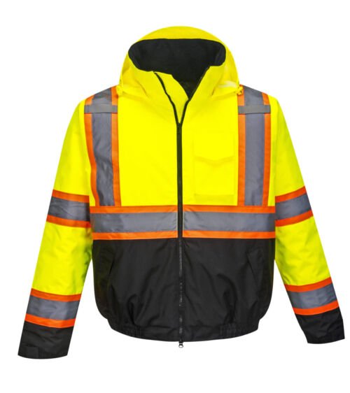 yellow orange black reflective coat front hood down