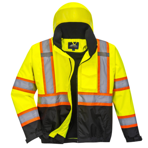 yellow orange black reflective coat front 2