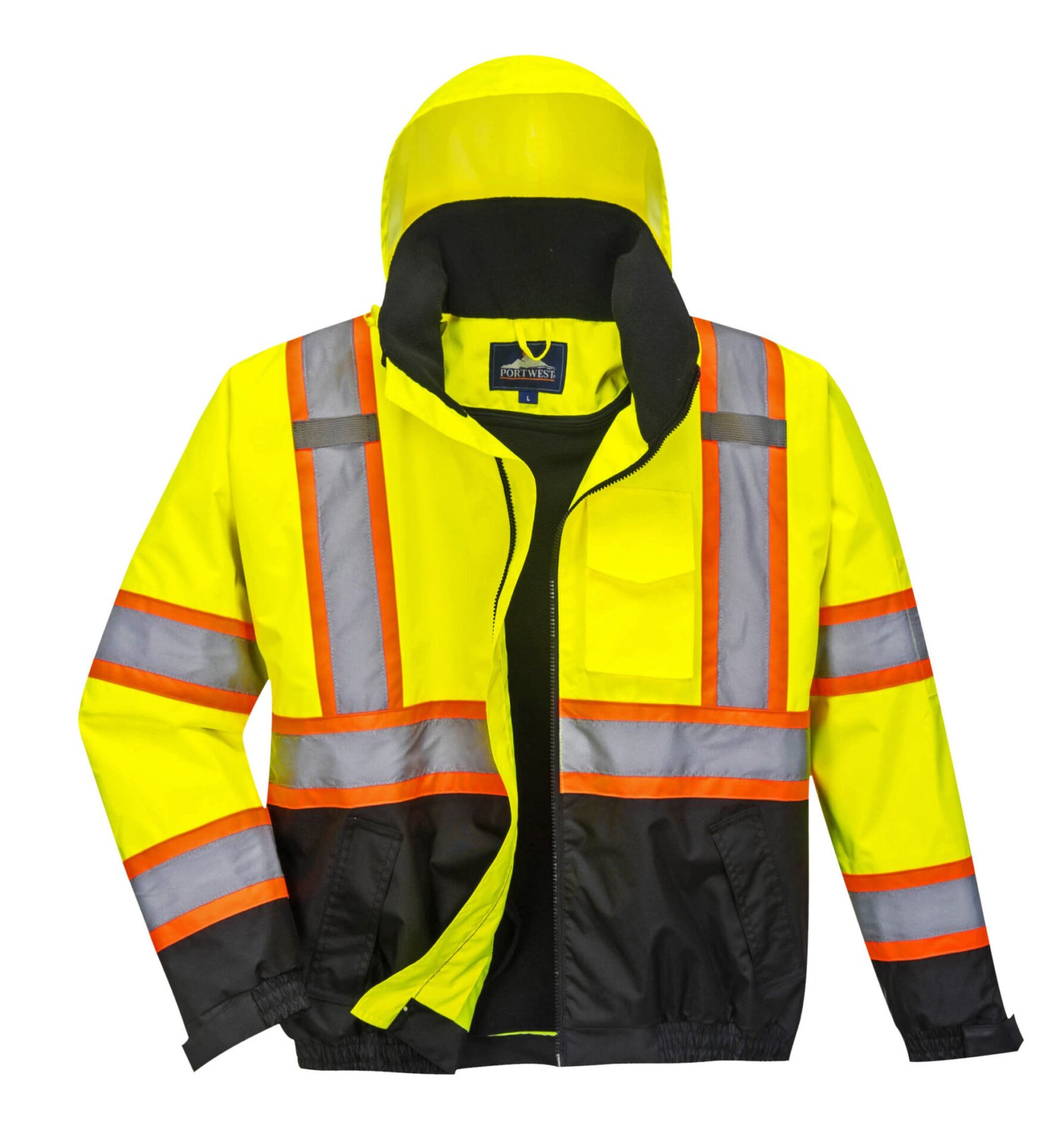 yellow orange black reflective coat front 2