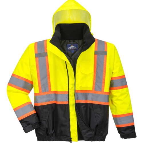 yellow orange black reflective coat front