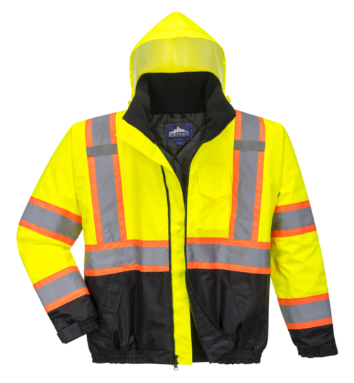 yellow orange black reflective coat front