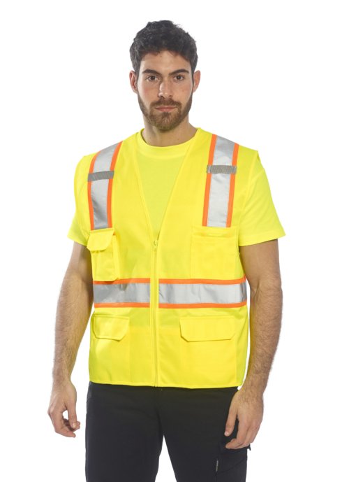 in use reflective vest no sleeve orange yellow