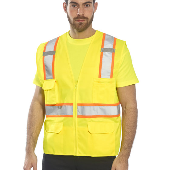 in use reflective vest no sleeve orange yellow