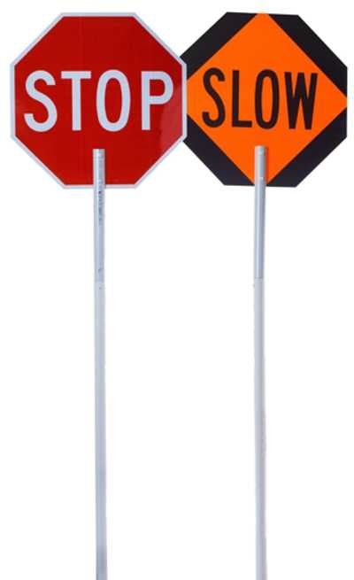 Highly reflective, MUTCD compliant hand-held STOP paddle with a smooth wooden handle for professional traffic flagging.