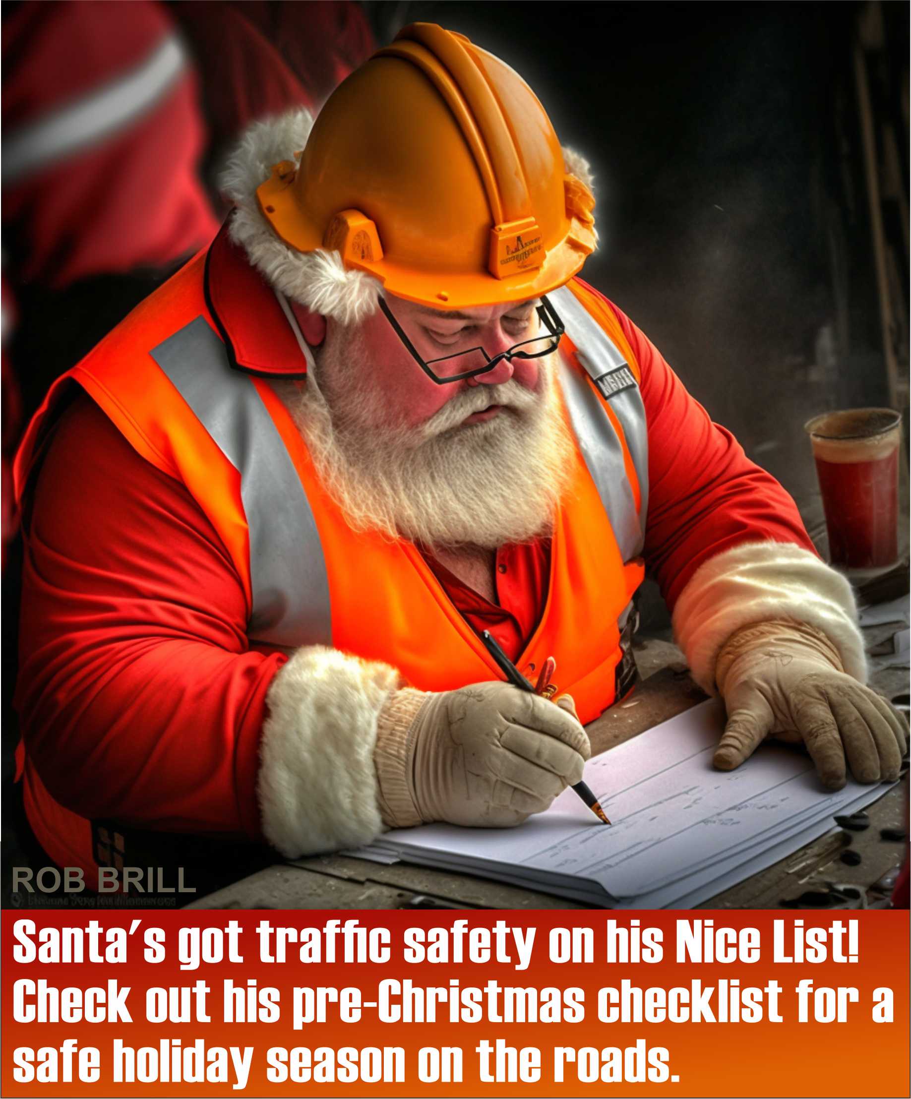 santa clause in work zone gear making a holiday driving checklist 