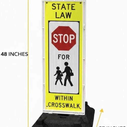 Dimensional diagram of the MUTCD R1-6a In-Street Pedestrian Stop Sign deployed in a crosswalk, showing the 48-inch height and 14-inch width measurements