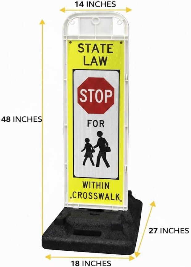 Dimensional diagram of the MUTCD R1-6a In-Street Pedestrian Stop Sign deployed in a crosswalk, showing the 48-inch height and 14-inch width measurements