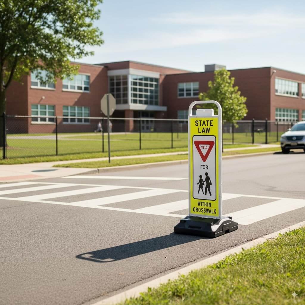 MUTCD R1-6 In-Street Pedestrian Yield Crossing Sign deployed in a school zone crosswalk on a portable black base