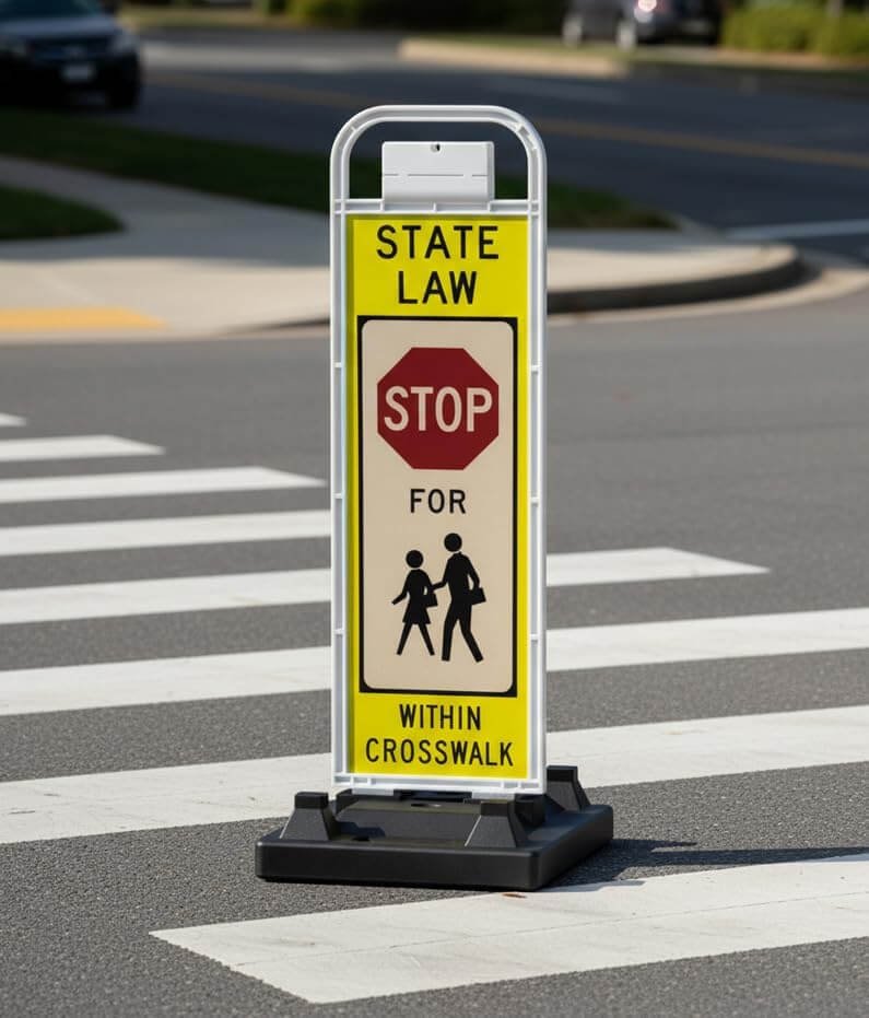 Portable vertical MUTCD R1-6a sign on a black base, standing on a striped crosswalk. The fluorescent yellow-green panel in a U-frame explicitly reads 'STATE LAW STOP FOR WITHIN CROSSWALK' with a red stop octagon and school children silhouettes. A road with curbs and background vehicles is visible.