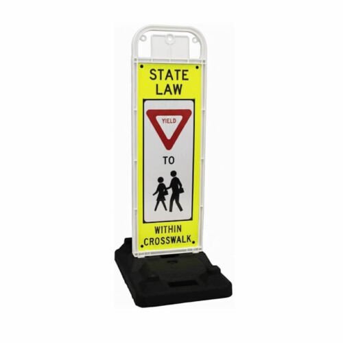 MUTCD R1-6 In-Street Pedestrian Yield Crossing Sign on a portable black base, reading State Law Yield To Pedestrians Within Crosswalk