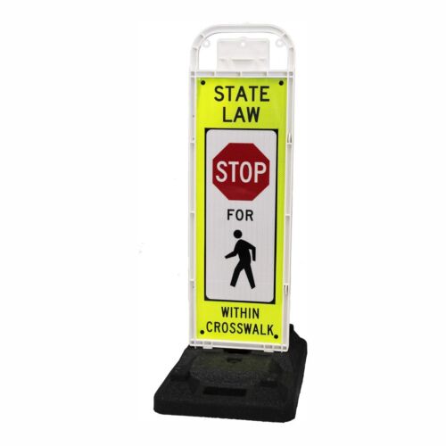 MUTCD R1-6a In-Street Pedestrian Crossing Sign on a portable black base, reading State Law Stop For Pedestrians Within Crosswalk