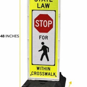 MUTCD R1-6a In-Street Pedestrian Crossing Sign on a portable black base, reading State Law Stop For Pedestrians Within Crosswalk with dimensions on image