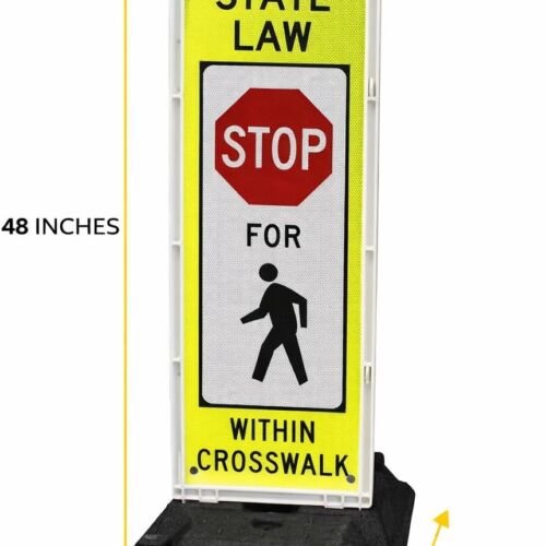 MUTCD R1-6a In-Street Pedestrian Crossing Sign on a portable black base, reading State Law Stop For Pedestrians Within Crosswalk with dimensions on image