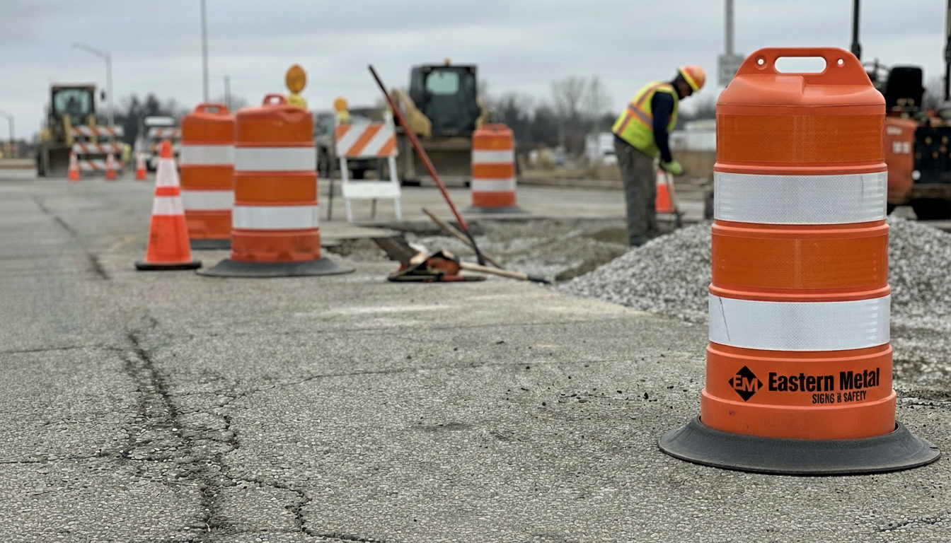 Alt text: High-visibility orange traffic drum for construction by Eastern Metal Signs and Safety.
