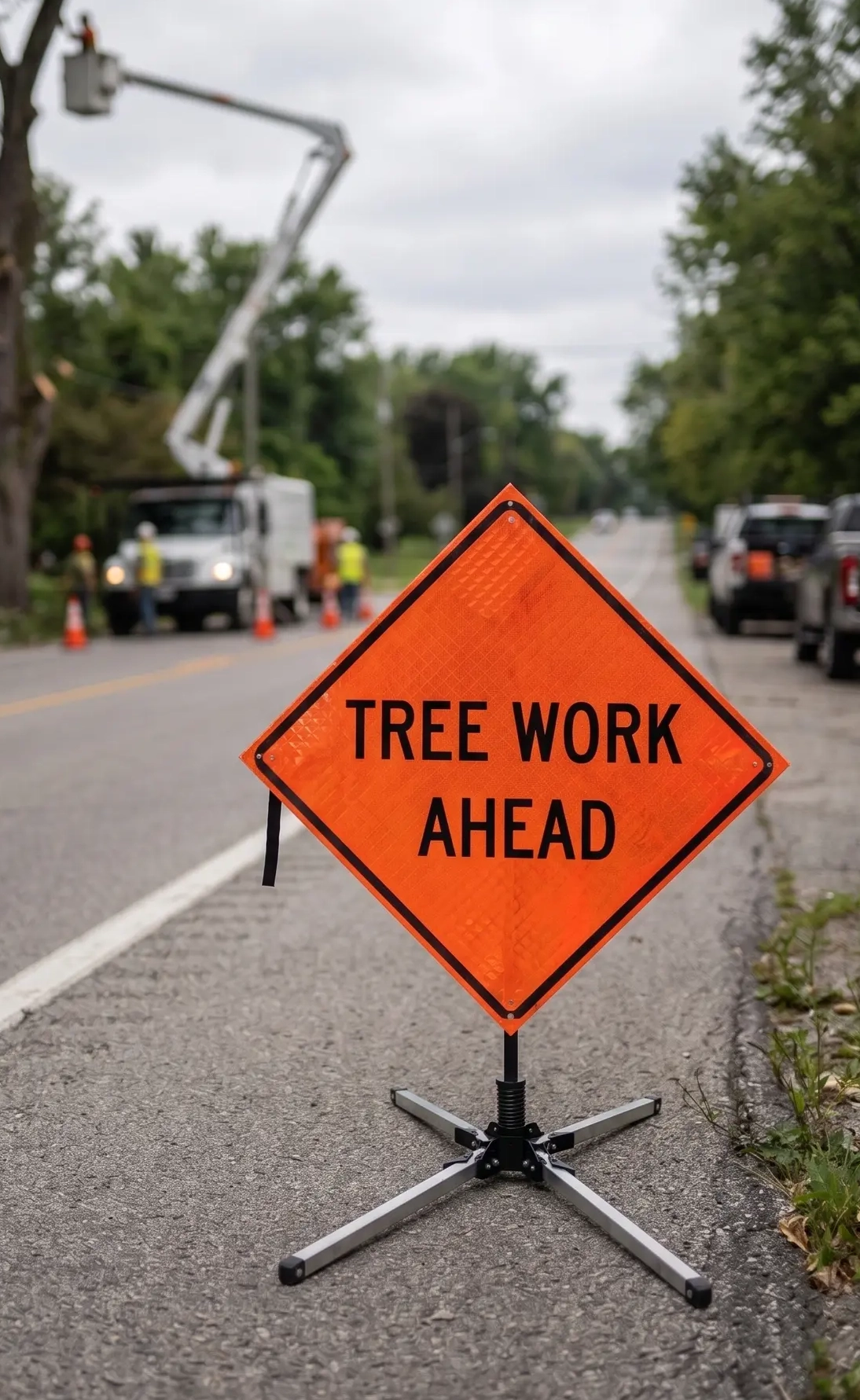 Eastern Metal Signs reflective orange Tree Work Ahead roll-up safety sign on a compact tripod stand for roadside utility work.