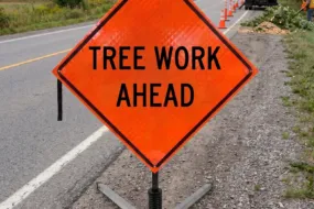 Eastern Metal Signs reflective orange Tree Work Ahead roll-up safety sign on a heavy-duty tripod stand for roadside utility work.