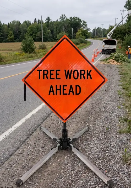 Orafol Retroreflective Tree Work Ahead roll-up sign on a wind-deflecting stand
