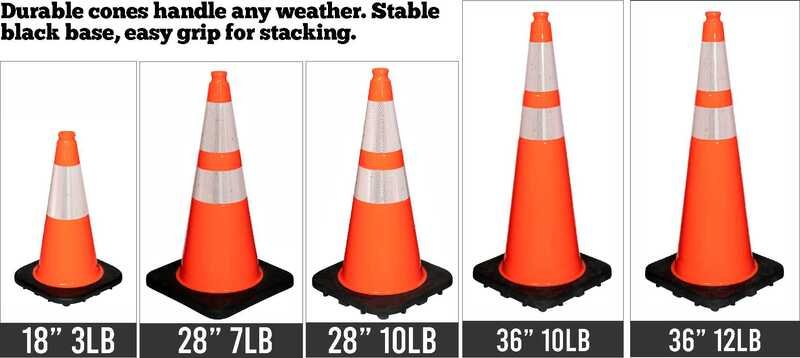 Eastern Metal heavy duty black base traffic cones and construction cones in 18-inch, 28-inch, and 36-inch heights.