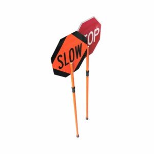 Extendable 84-inch fiberglass tension staff with a reflective Stop and Slow traffic sign