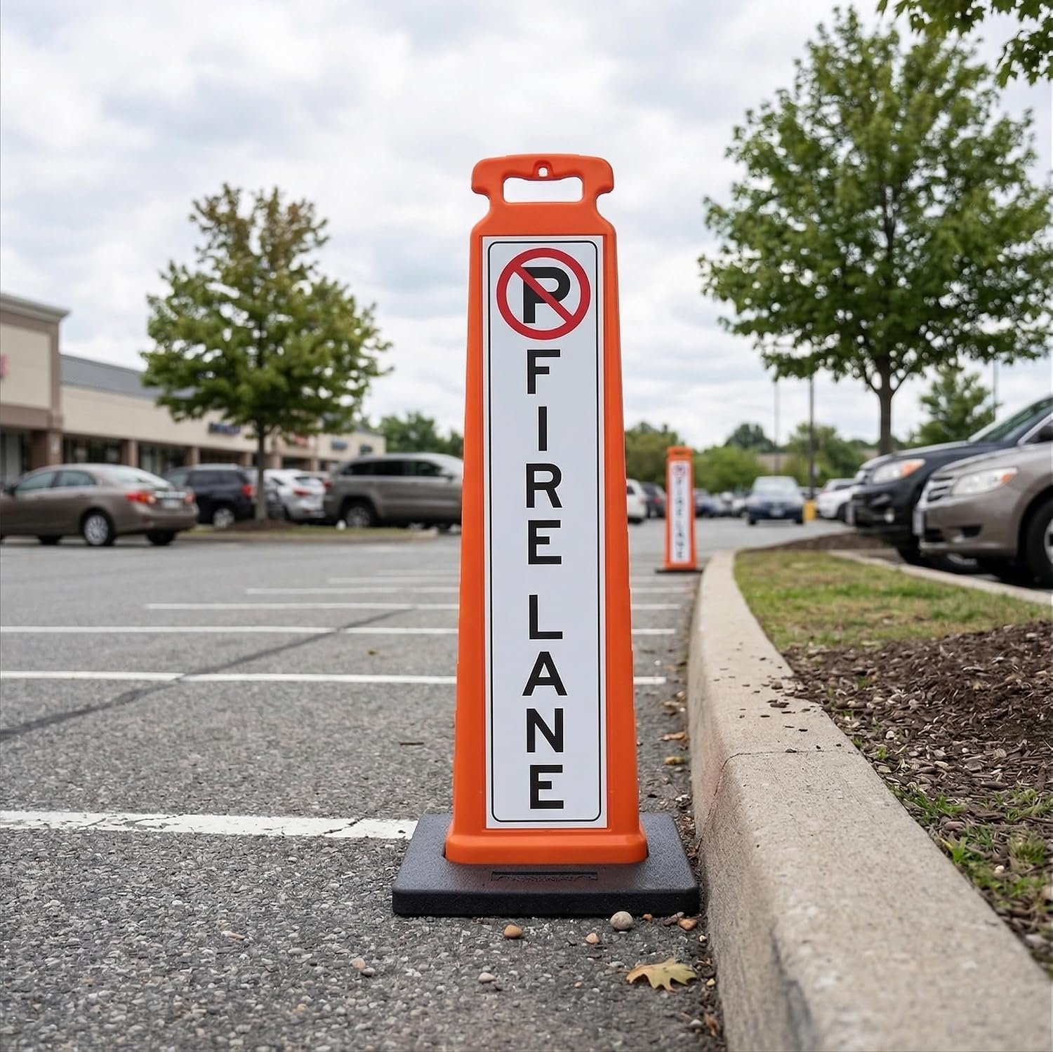 Stackable movable fire lane signs showing slim profile for easy storage