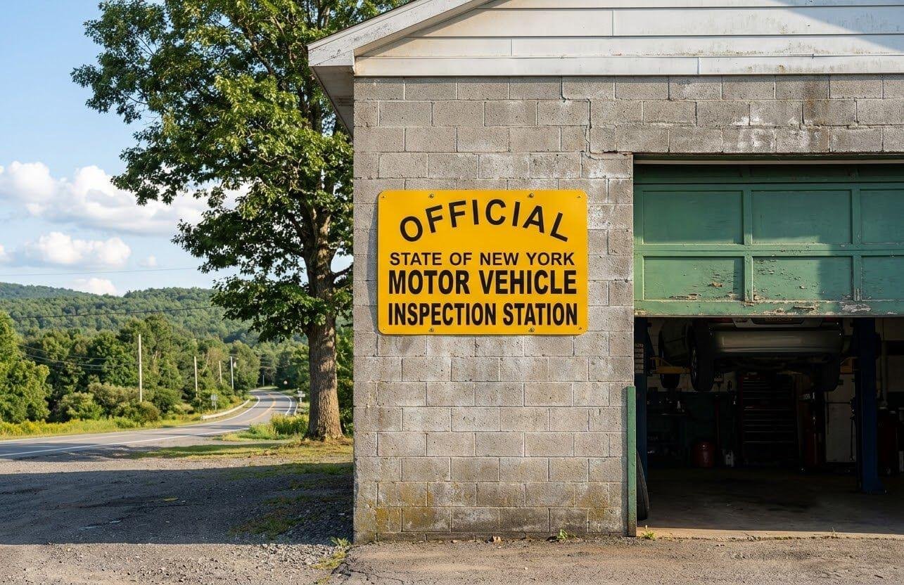 NYS DMV required retail dealer sign mounted on auto shop wall