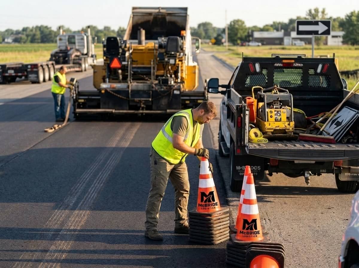 Workers packing up custom printed traffic cones at a work zone site