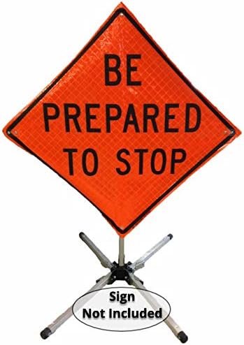 Galvanized steel compact roll-up sign stand fully deployed with work zone sign attached