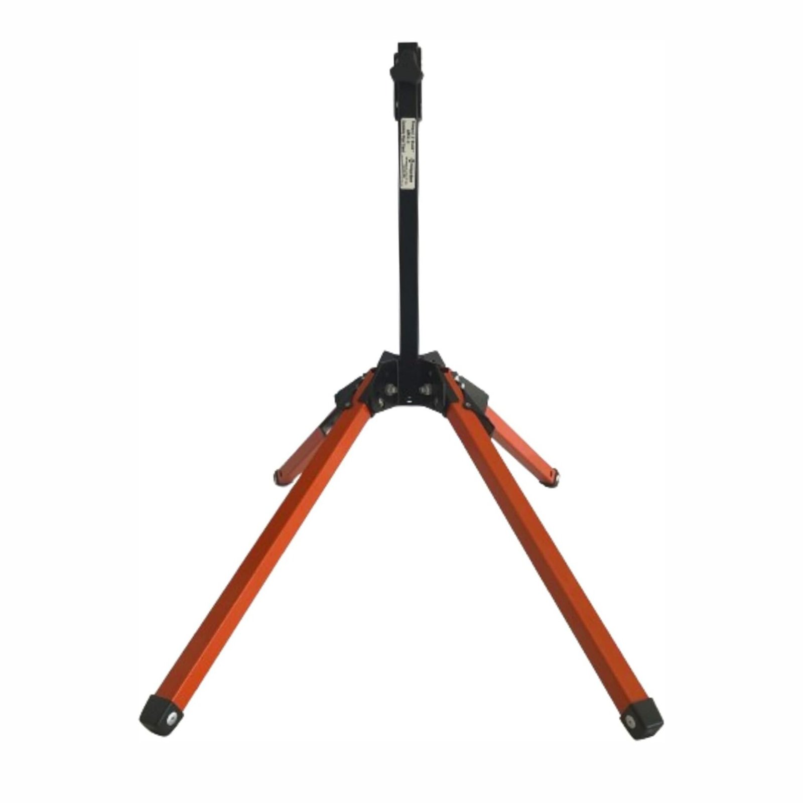 Steel compact roll-up sign stand with legs extended downward for higher elevation