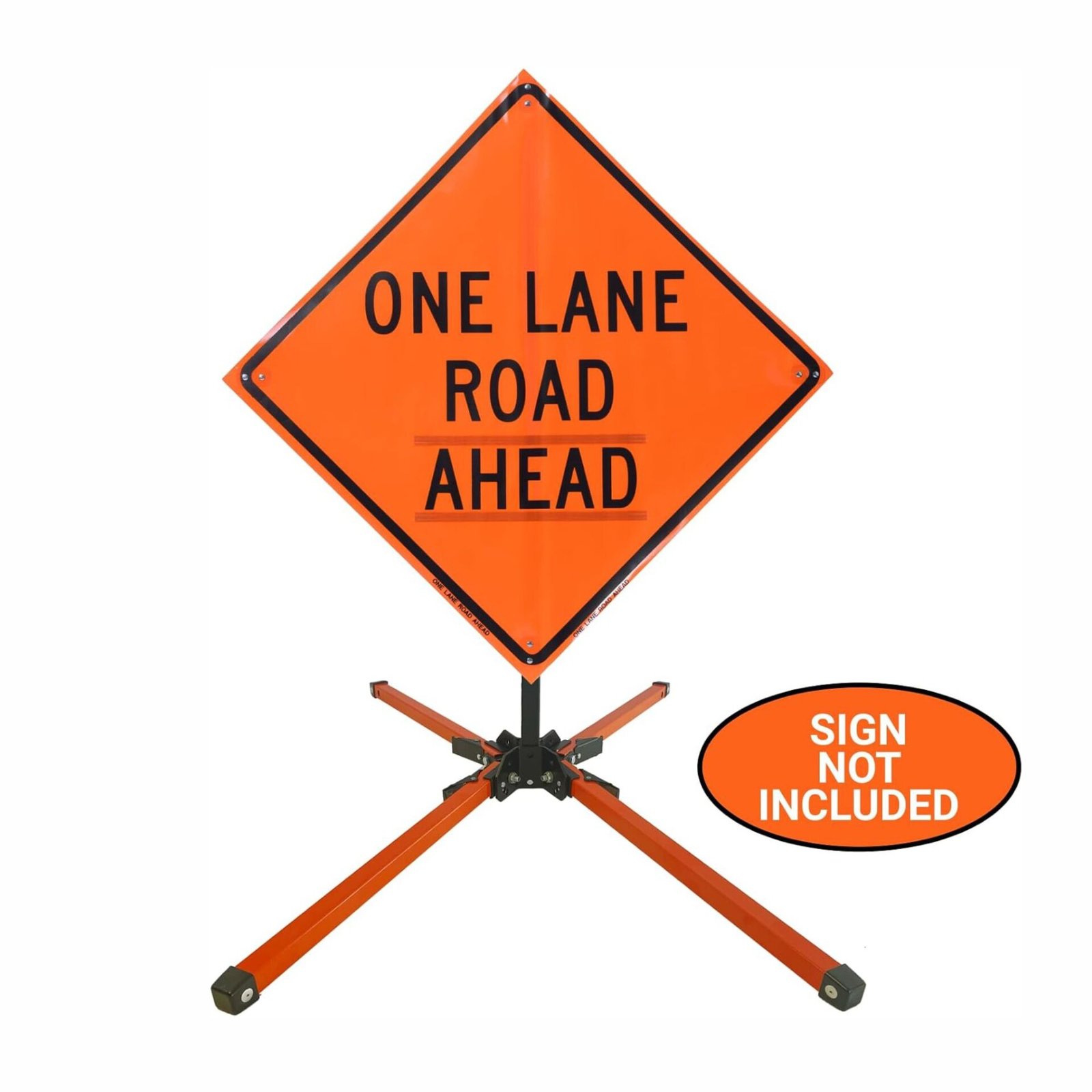 Compact roll-up sign stand fully deployed with an orange work zone sign attached
