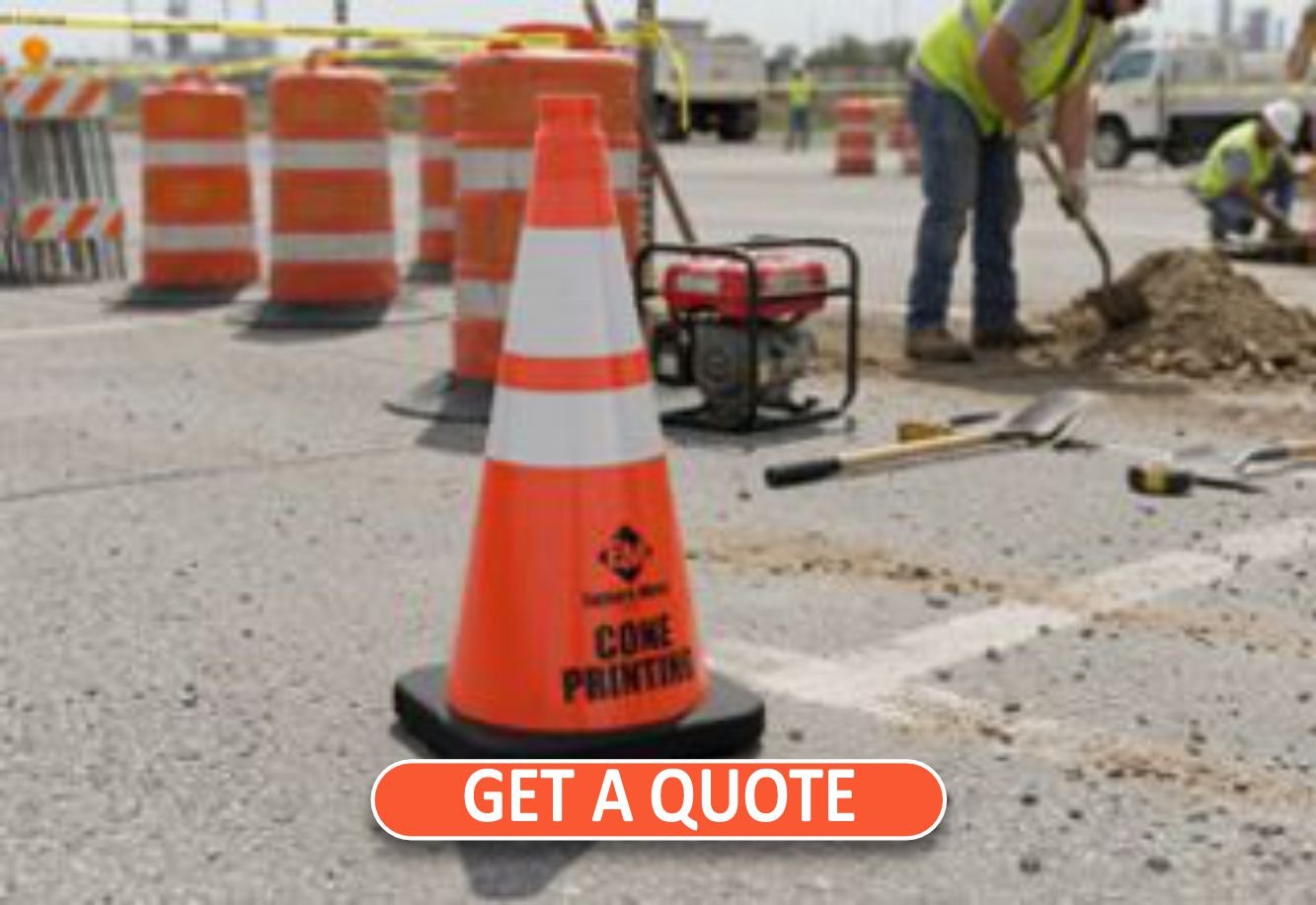 Custom printed safety traffic cone with company logo stenciling for fleet identification