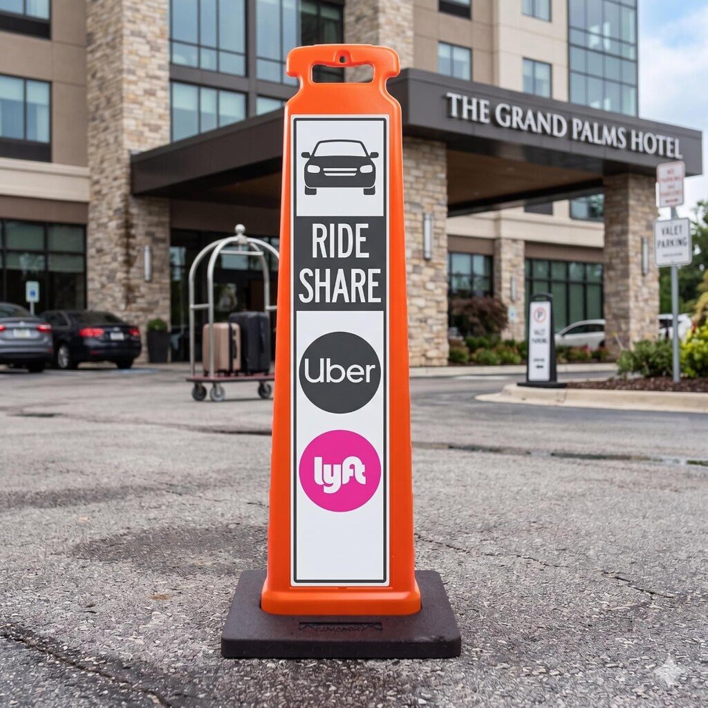 Reflective rideshare pick up sign directing passenger traffic at a hotel loading zone