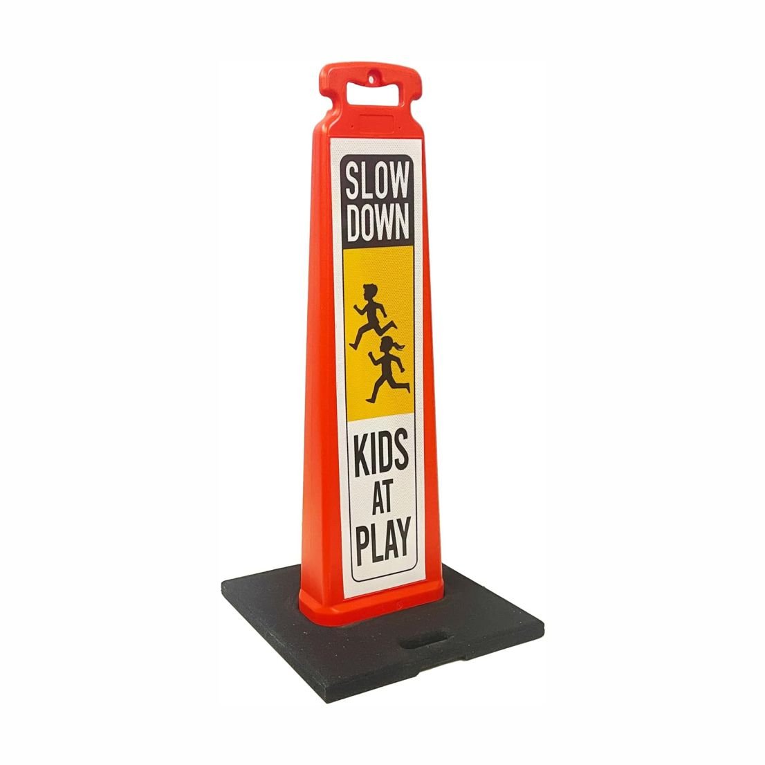 Portable kids at play street sign with double sided reflective sheeting and heavy duty rubber base.