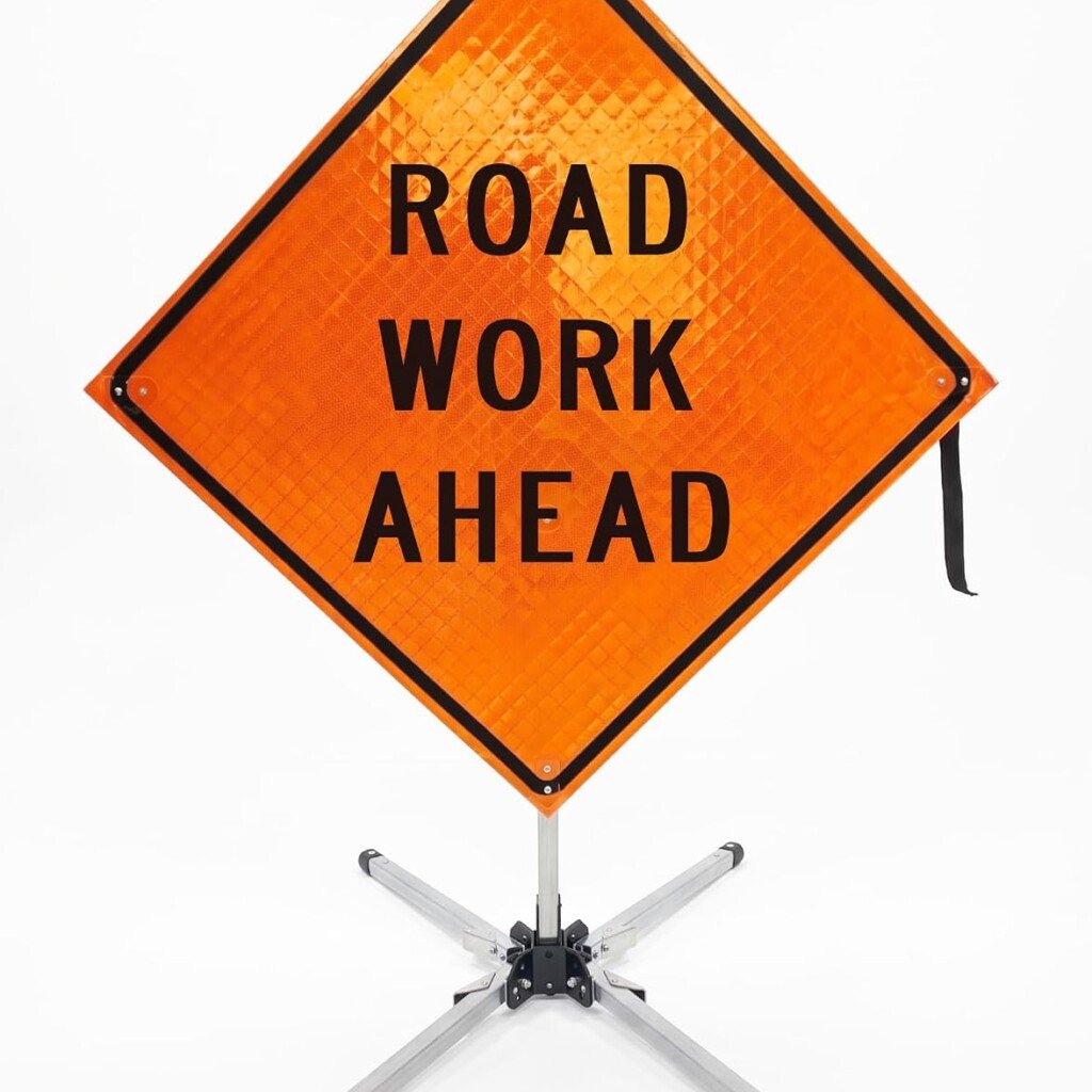 Eastern Metal 36 and 48 inch super bright reflective roll up traffic sign kit with heavy duty stand